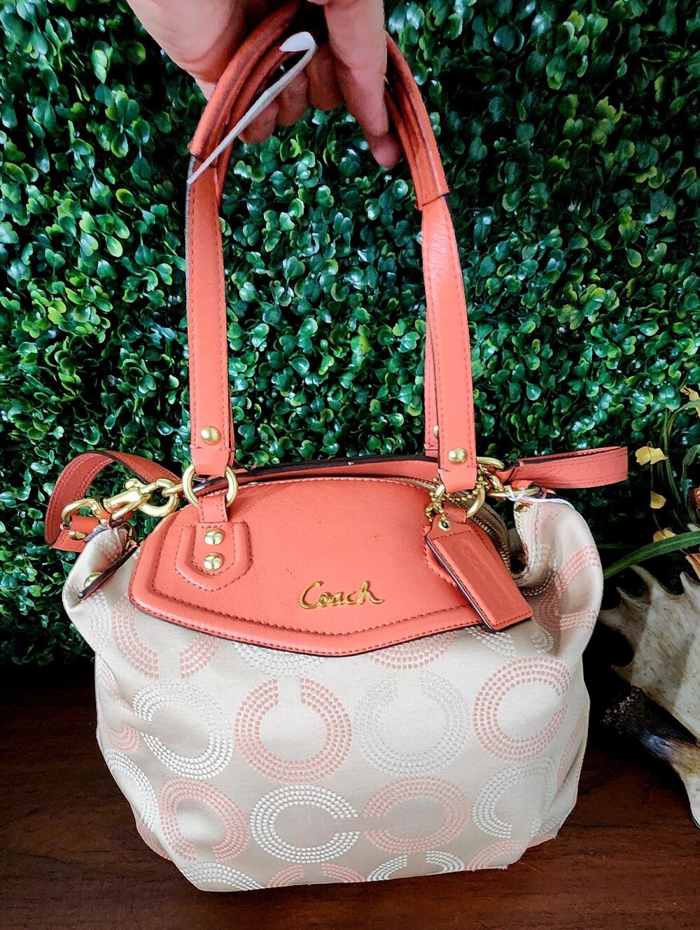 Coach Coral and Beige Signature Tote with Gold Hardware
